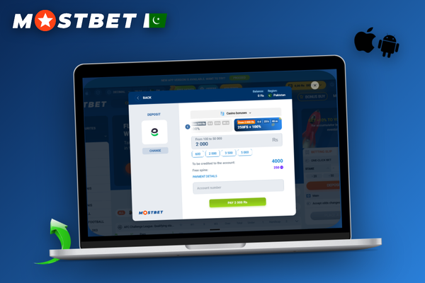 Mostbet cashier interface mockup with PKR 200 amount field and promo code slot on laptop