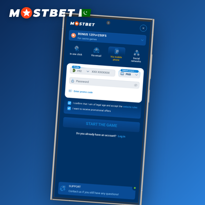 Mostbet register online one-click method with PKR currency chip on dark UI