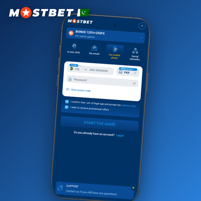 Mostbet sign up via Pakistani phone number with SMS verification code bubble