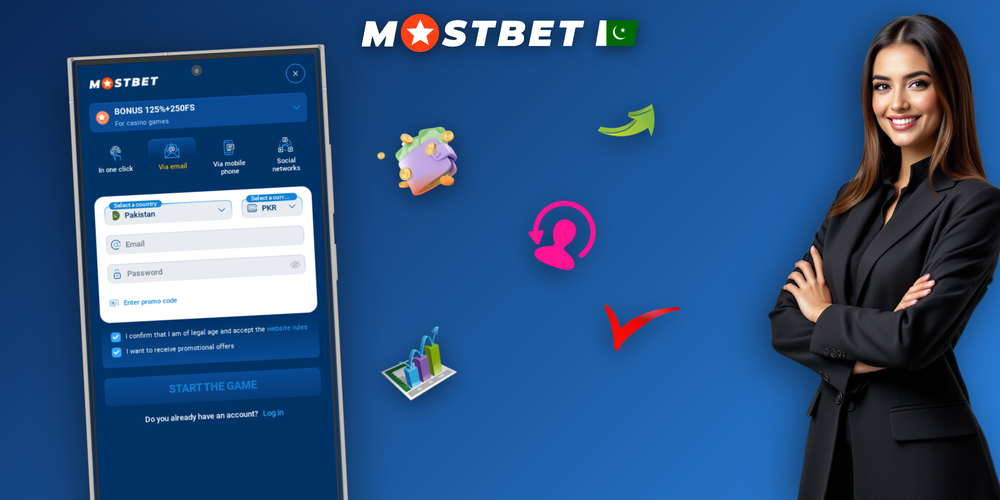 Mostbet registration steps shown across five mobile screens from homepage to welcome dashboard